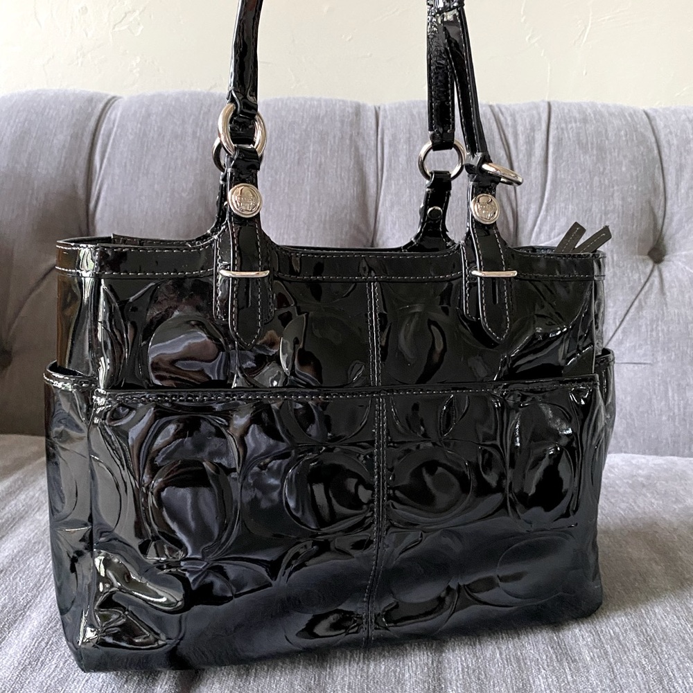 Coach Glossy Black Embossed Shoulder Bag